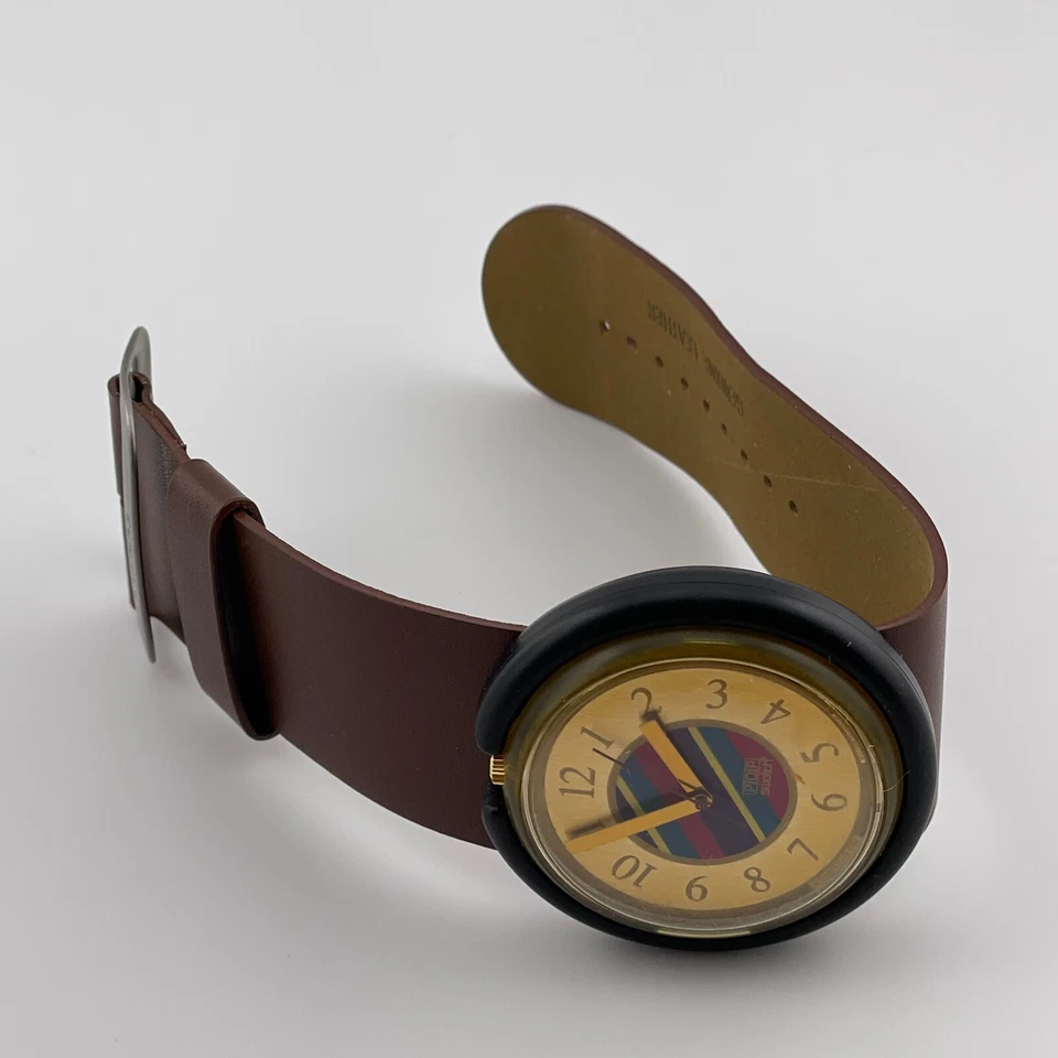 Swatch Pop Watch Mens 47mm Case Brown One Piece Strap Quartz Three Hands - Image 2 of 4