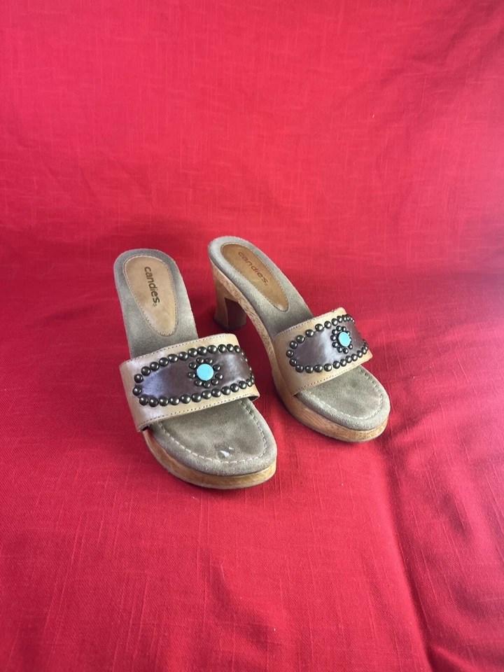 Candie's кожаная обувь 7 1/2 желтовато-коричневый дерева коренастый блок каблуки запонки бирюзовый шпильки sw - Изображение 3 из 4