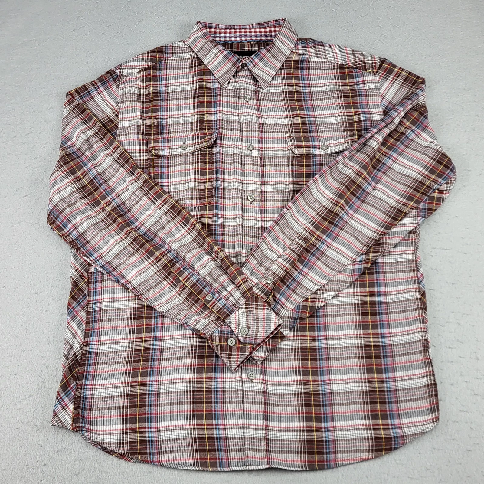 Marmot Shirt Mens XL Brown Red Plaid Button Front Long Sleeve Outdoor Hiking