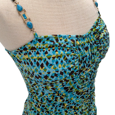 Bisou Bisou Y2K Embellished Cami Tank Top Large Turquiose Gold Ruched Stretch