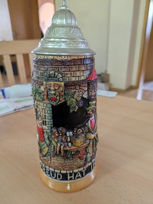 Bierkrug mit Zinndeckel Die Freud hat Ihre Zeit NEU