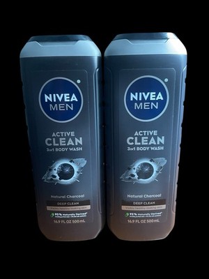 Lot Of 2 NIVEA MEN Active Clean 3in1 Body Wash Deep Clean NaturalCharcoal 16.9oz