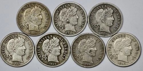 1909-O - 1914-S Barber 10c Silver Dimes Lot of 7