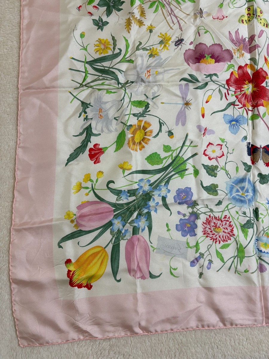 GUCCI Flora Silk Scarf Pink Border Vintage Floral Print Made in