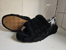 UGG AUSTRALIA FLUFF YEAH 1095119 UK 8 EU 41 WOMENS BLACK FUR SLINGBACK SANDALS