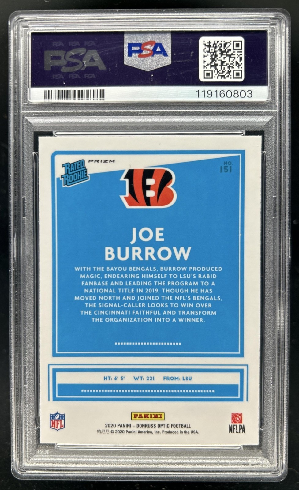 2020 Panini Donruss Optic Joe Burrow Green Velocity Prizm RC #151 Bengals PSA 8 view 2