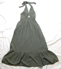 Zesica Olive Green Smocked Maxi Dress Boho Cottagecore Backless Halter S (WK44)