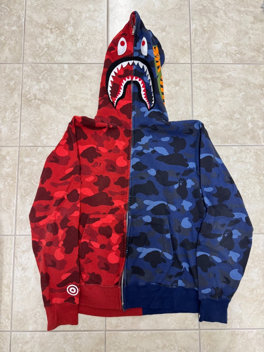 Bape Red Blue Split Camo Shark Zip Up Hoodie Mens Large
