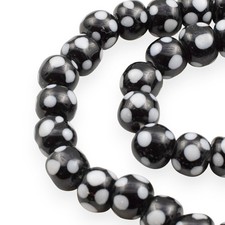 Black Glass Lampwork Beads Light Gray Dots Indonesian Handmade 6-8mm 17" Strand
