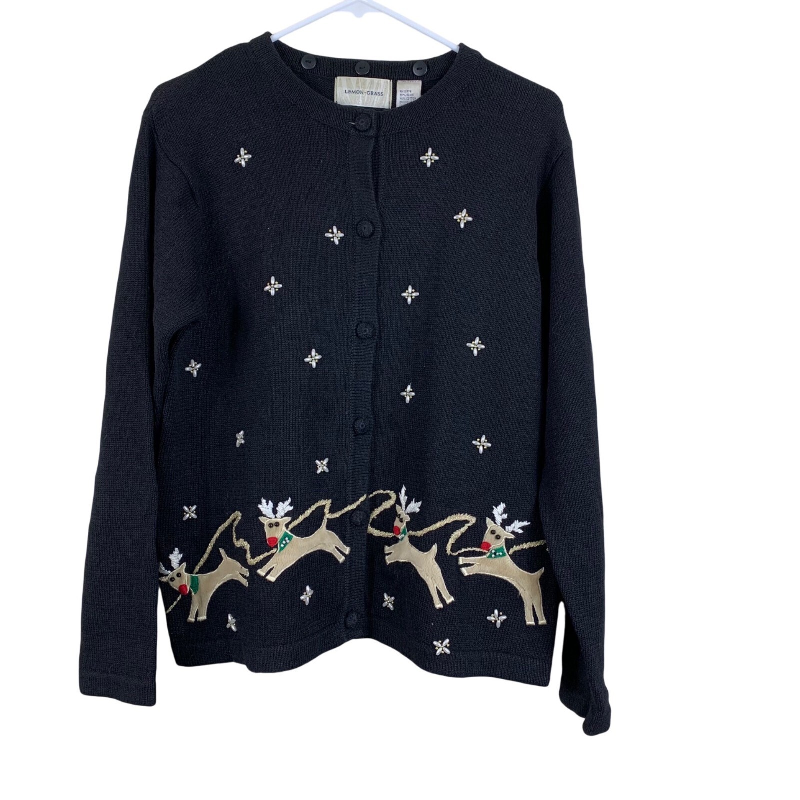 Vintage Ugly Christmas Sweater Lemon Grass Reindeer Knit Cardigan Size M