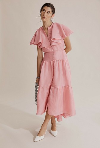 Bib Ruffle Tiered Silk Linen Dress 