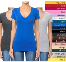 Cotton Wide Band Deep V-Neck Short Sleeve Casual T Shirt Top S-3X Ambiance 