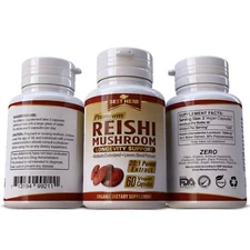 Pure Organic Reishi Mushroom Pills LONGEVITY SUPPORT SUPPLEMENT 60 Vegan Capsule