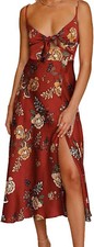 NEW SZ MEDIUM SATIN MIDI DRESS SLIT  FRONT CUT OUT FLORAL
