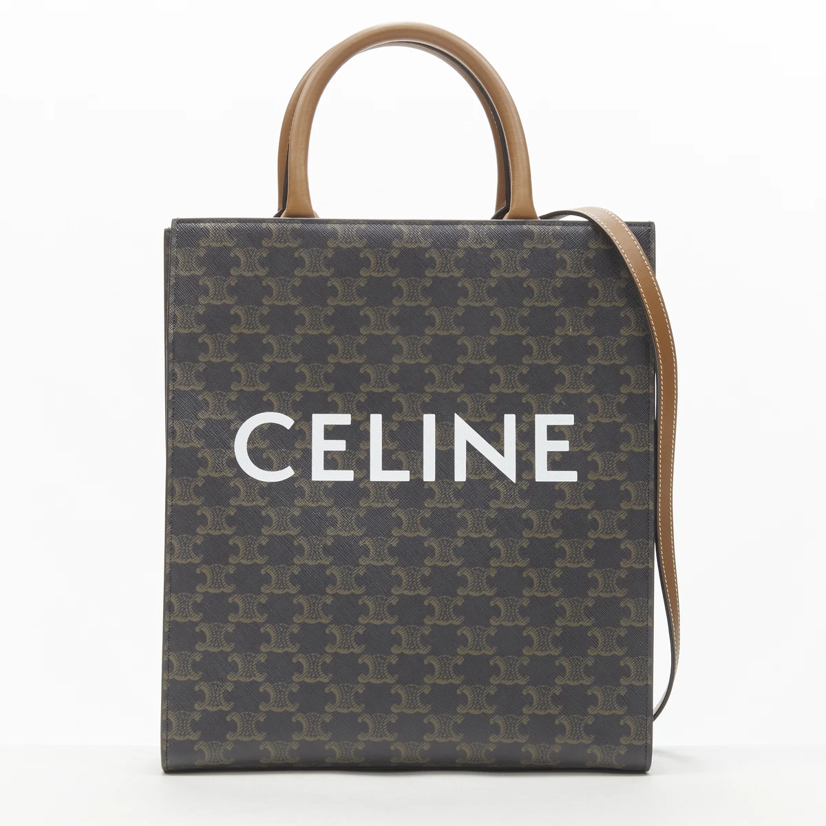 Celine Vertical Canvas and Tan Leather Logo Cabas Tote Bag