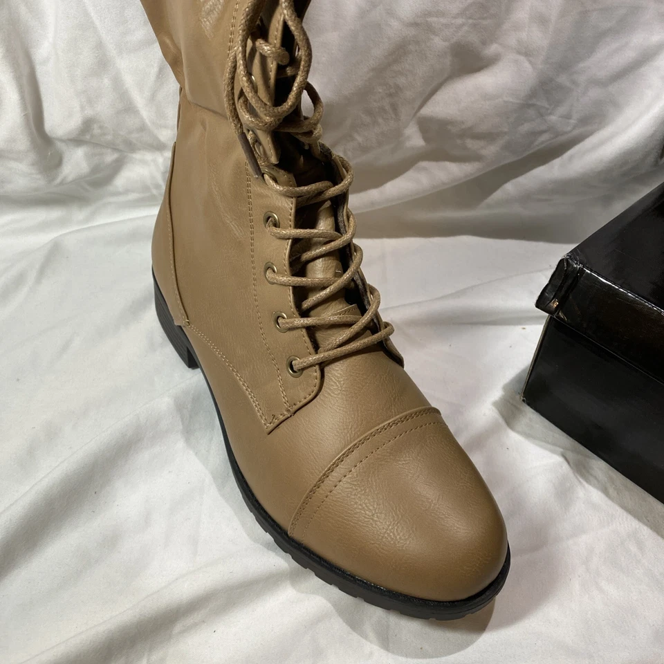 Botas Forever Taupe Cuero Vegano Tacón Encaje Talla 10 Jalen-88 Nuevas Con Caja Foto 2 de 4