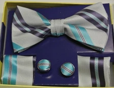 Bow Tie Men Pre Tied Silver Purple Striped Bowtie Pocket Square Cufflinks