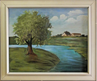 Wanté 77 signiert - etwas naiv Gemälde 1977: BAUM, FLUSS, WIESEN UND HÄUSER - Bild 1 von 4