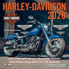 New 2026 Harley Davidson 12"x 12" Wall Calendar w 2 Free USA Pewter Helmet Wings