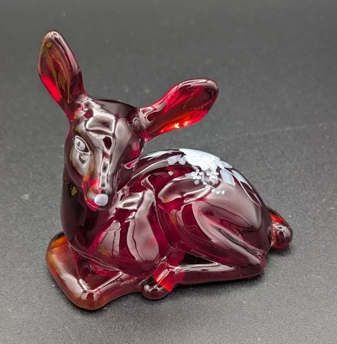 Fenton Ruby Red Glass Deer Figurine Hand Painted Signed F. Hubbard