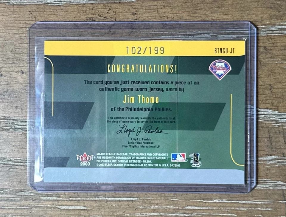 Jim Thome Game Used Card /199 Fleer 2003 Ex Behind The Numbers Phillies - Image 2 of 2