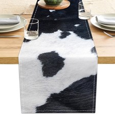 Linen Cow Print Table Runner 13x71 Inch Farmhouse Western White Black Cowhide Ru