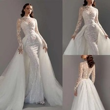 Elegant Wedding Dresses With Detachable Train Full Sleeve Appliques Sequins Neck