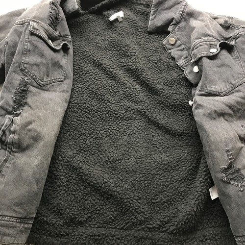 Missguided Sherpa Lined Denim Jacket Boys Youth Medium M Long Sleeve Black - Picture 10 of 11