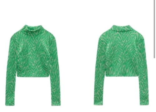 NWT Zara SIZE MEDIUM Jacquard Top Green Long Sleeve Mock Neck Knit Crop ZEBRA - Picture 4 of 4