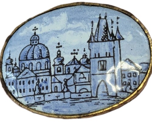 PRAHA PRAG handbemalte ovale Brosche Keramik Medaillon Czech Pottery blau - Bild 5 von 13