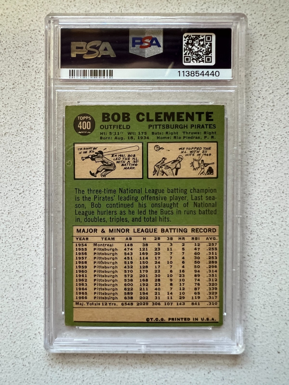 1967 Topps #400 Bob Clemente Pittsburgh Pirates HOF PSA 4 VG-EX view 2