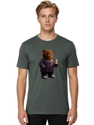 Bear-With-Candle Mens Graphic Tee, 100% Cotton, Casual Summer Wear