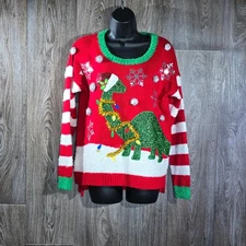 33 Degrees Womens L Christmas Sweater Red Dinosaur Stripes Novelty Holiday