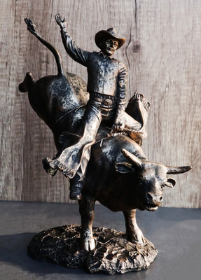 Vintage Style Bronze Finish Bull Rider Sculpture - Wild West Cowboy Rodeo Decor