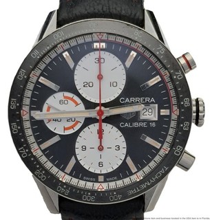 TAG Heuer Carrera Calibre 16 Chronograph Steel Case Leather Strap w Box Card