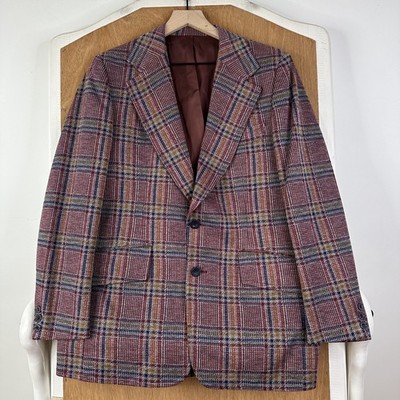 VTG Plaid Blazer Mens 38R Red Plaid 2 Button Wool Jacket Stanley Blacker 1960s
