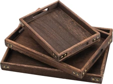 TOPZEA 3 Pack Wood Serving Tray with Handle, Farmhouse Wooden Coffee Table Trays