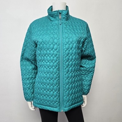 Lands End Primaloft Jacket 1X Petite Teal Quilted Puffer Zip Pockets Polka Dots