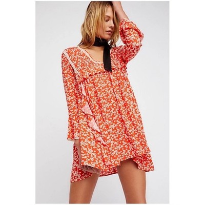 Free People Women s Sz M Orange White Floral Ruffle Like You Best Mini Dress