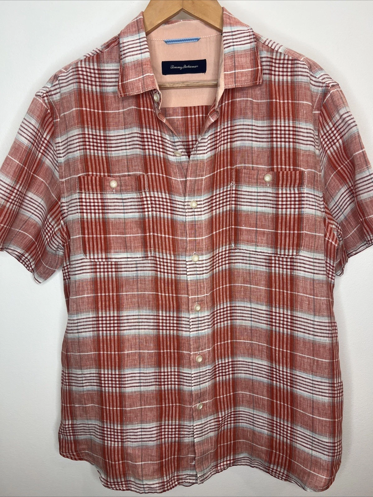 Tommy Bahama 100% Linen Shirt Short Sleeve Orange Plaid Men’s Sz L