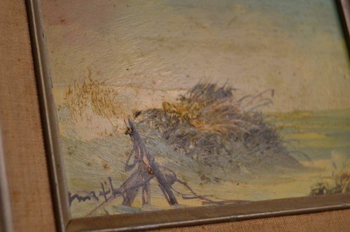 Vintage Painting Ocean Beach Surf Seagulls Seaside Fence Signed Muted Colors - Picture 9 of 13