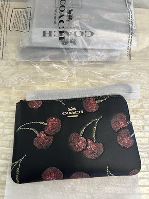 Coach Corner Zip Wristlet With Cherry Print Gold/Black Multi CDF05