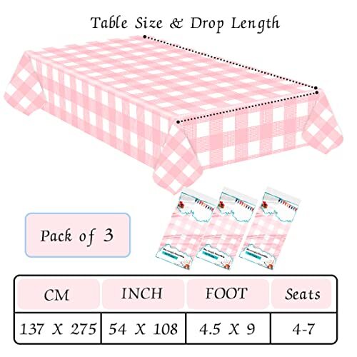 Pink Gingham Disposable Tablecloth 54 x 108 3 Pack Happy Birthday Tablecloth - Picture 3 of 6