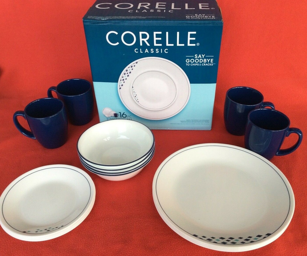 Corelle 16-pc Dinnerware Cobalt Fusion Place Setting Classic new Blue  White