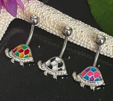 Enamel Turtle Belly Ring CZ Gem Pierced Navel Animal 316L Stainless Steel 14g