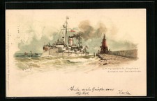 Künstler-AK Hans Bohrdt: S. M. Panzerschiff Siegfried, Einfahrt vor Swinemünde, 