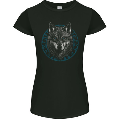 Ein Wolf In Wikinger Symbole Text Valhalla Damen Petite Cut Maglietta