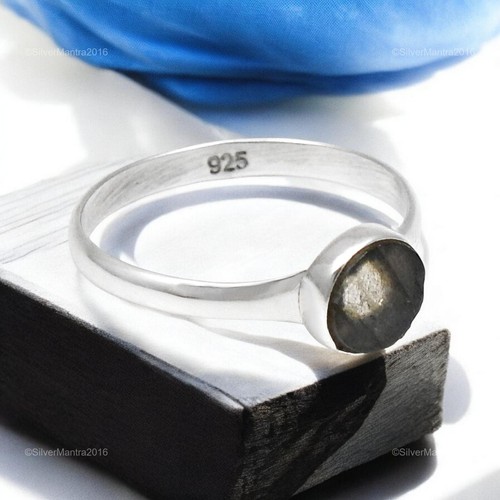 Round Labradorite Stone Solid Sterling Silver Birthday Gift Band Elegant Ring - Picture 6 of 9