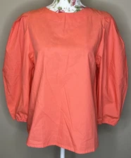 Mille Resort & Travel Top Womens Sz XS Coral Orange Puff Sleeve Cotton Blouse