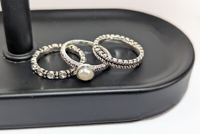 Set of 3 DIVANI Stackable Silver Tone Faux Pearl Rhinestone Stone RINGS Size 8